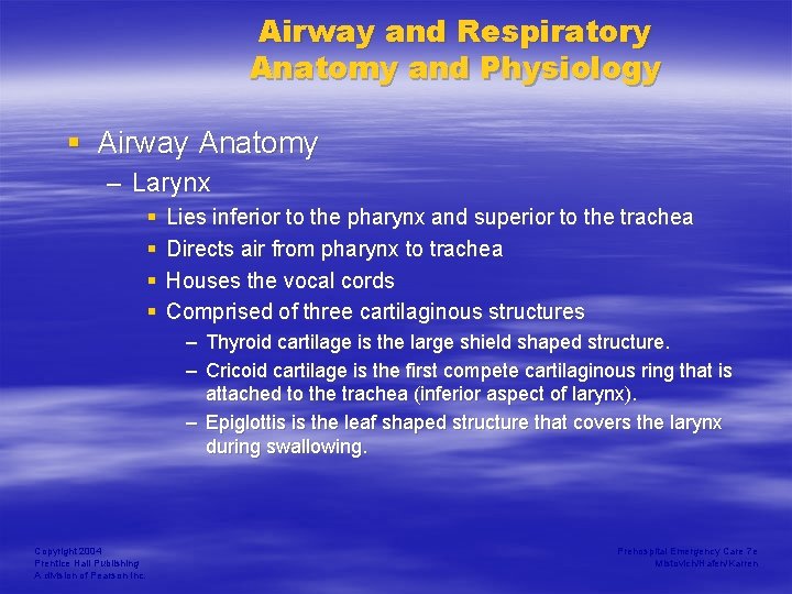 Airway and Respiratory Anatomy and Physiology § Airway Anatomy – Larynx § § Lies