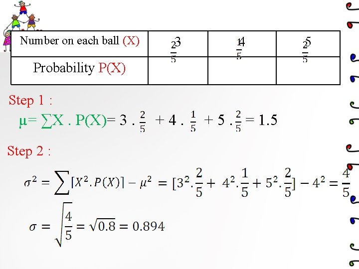 Number on each ball (X) 3 4 Probability P(X) Step 1 : µ= ∑X. Number on each ball (X) 3 4 Probability P(X) Step 1 : µ= ∑X.