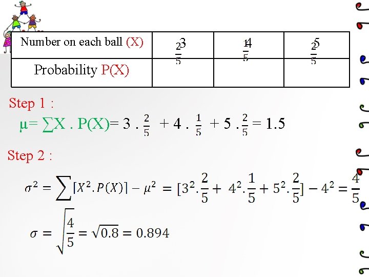 Number on each ball (X) 3 4 Probability P(X) Step 1 : µ= ∑X.