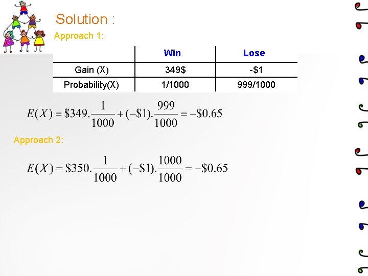 Solution : Approach 1: Approach 2: Win Lose Gain (X) 349$ -$1 Probability(X) 1/1000