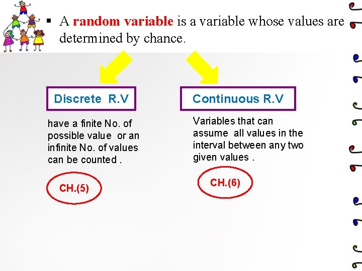 § A random variable is a variable whose values are determined by chance. Discrete