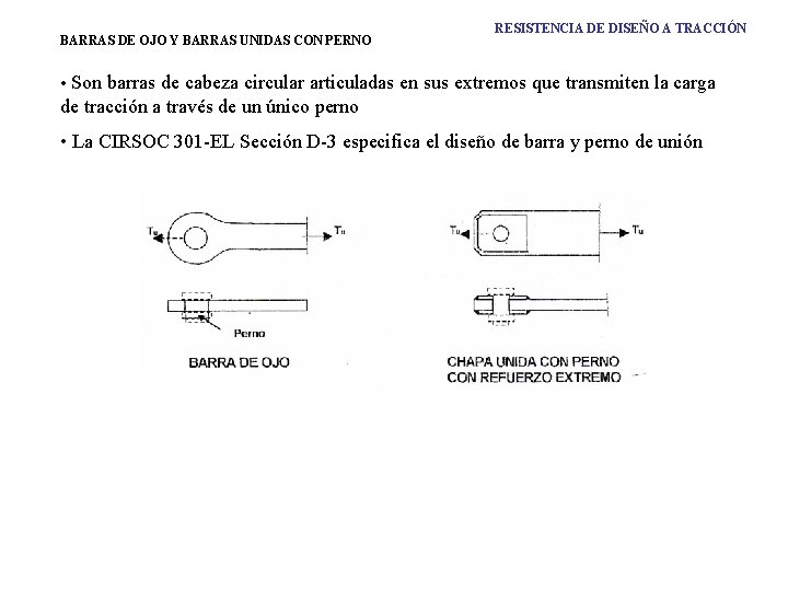 BARRAS DE OJO Y BARRAS UNIDAS CON PERNO RESISTENCIA DE DISEÑO A TRACCIÓN •