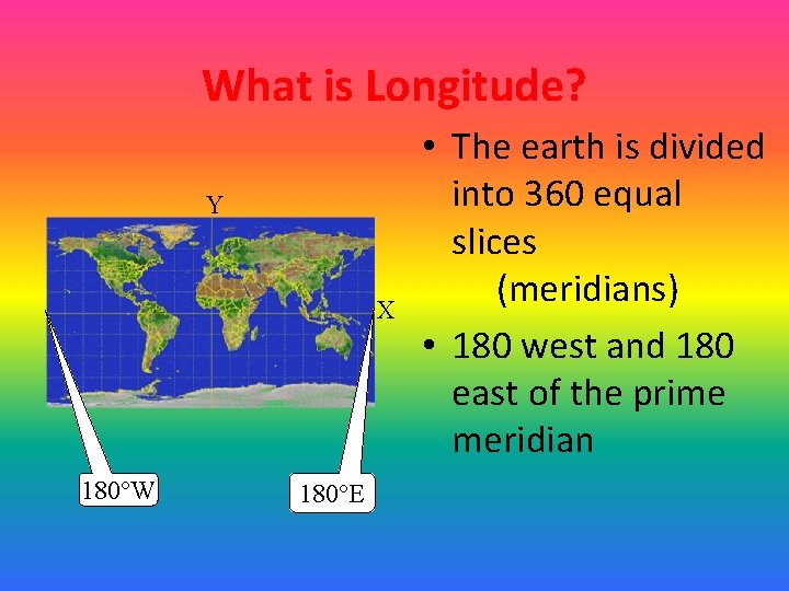 What is Longitude? Y X 180°W 180°E • The earth is divided into 360