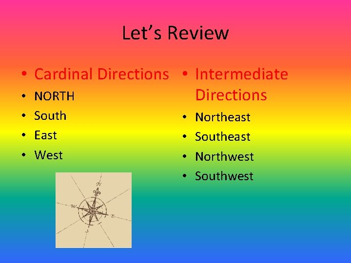 Let’s Review • Cardinal Directions • Intermediate • NORTH Directions • South • East