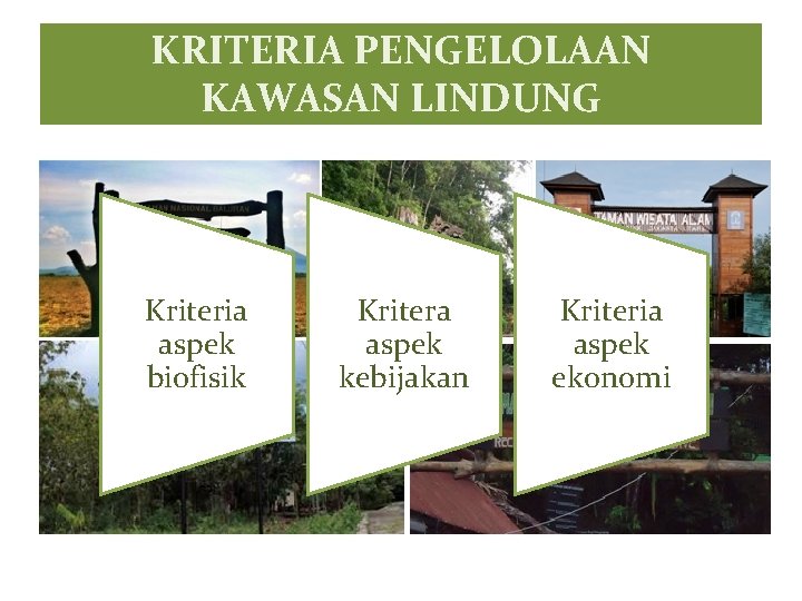 KRITERIA PENGELOLAAN KAWASAN LINDUNG Kriteria aspek biofisik Kritera aspek kebijakan Kriteria aspek ekonomi 