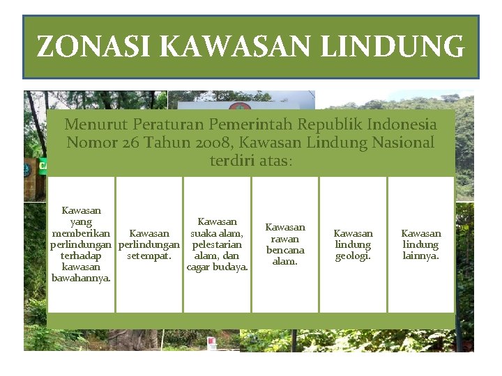 ZONASI KAWASAN LINDUNG Menurut Peraturan Pemerintah Republik Indonesia Nomor 26 Tahun 2008, Kawasan Lindung