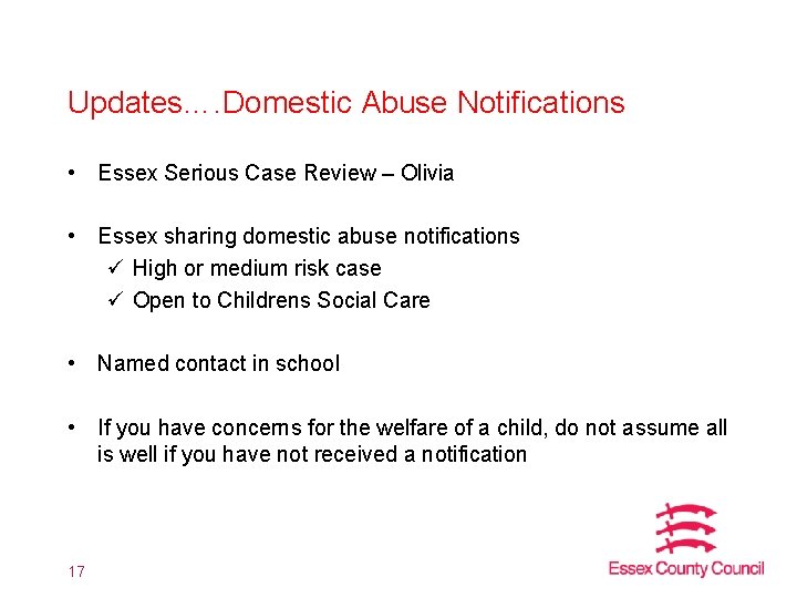 Updates…. Domestic Abuse Notifications • Essex Serious Case Review – Olivia • Essex sharing