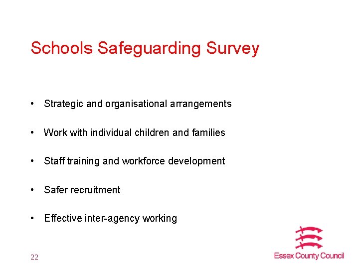 Schools Safeguarding Survey • Strategic and organisational arrangements • Work with individual children and
