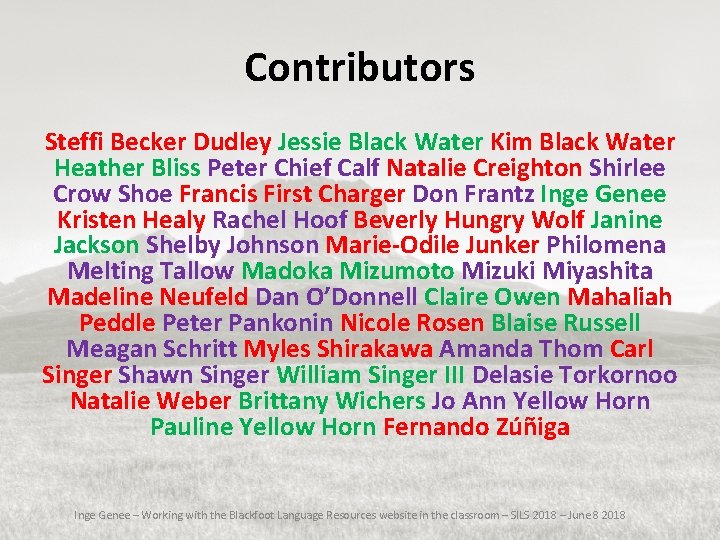 Contributors Steffi Becker Dudley Jessie Black Water Kim Black Water Heather Bliss Peter Chief