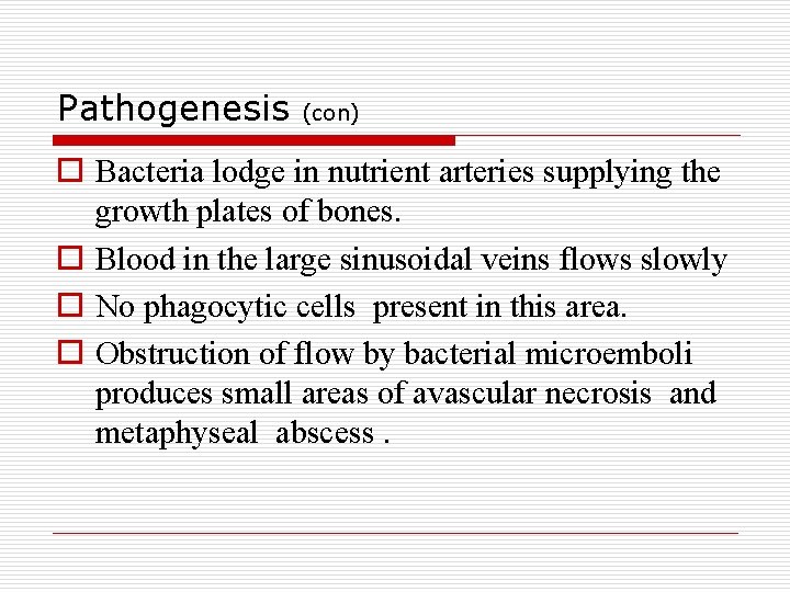 Pathogenesis (con) o Bacteria lodge in nutrient arteries supplying the growth plates of bones.