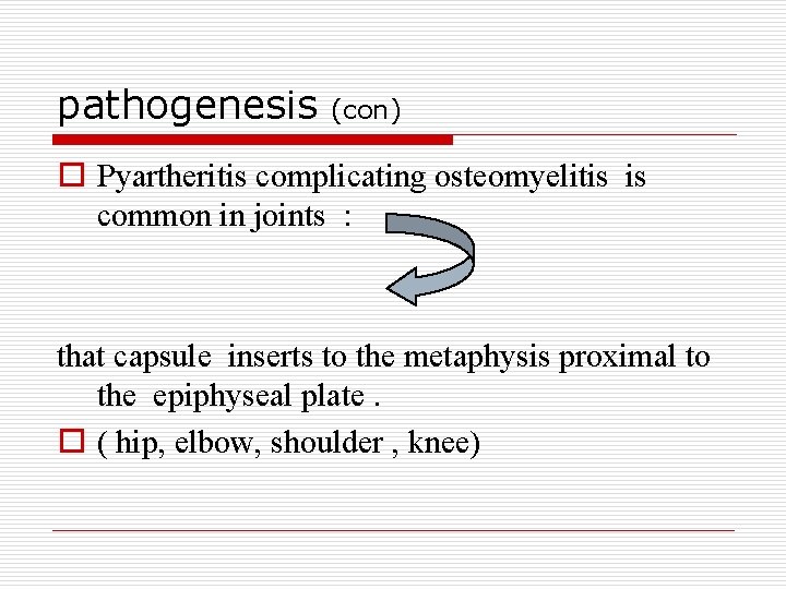 pathogenesis (con) o Pyartheritis complicating osteomyelitis is common in joints : that capsule inserts