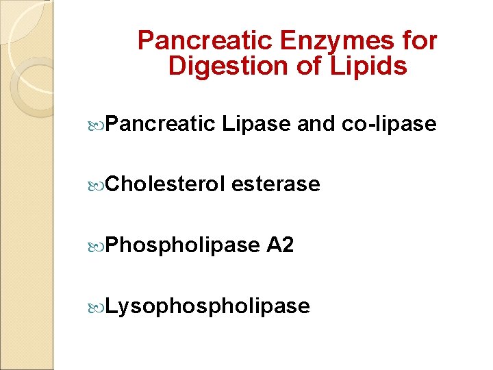 Pancreatic Enzymes for Digestion of Lipids Pancreatic Lipase and co-lipase Cholesterol esterase Phospholipase A
