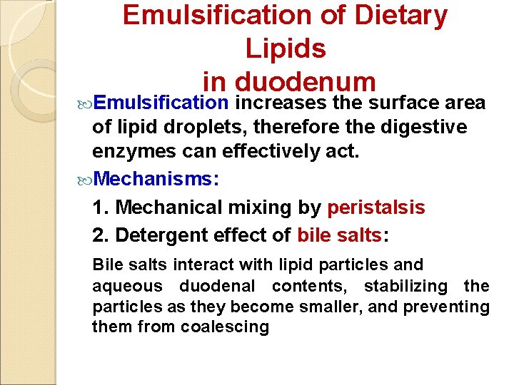 Emulsification of Dietary Lipids in duodenum Emulsification increases the surface area of lipid droplets,