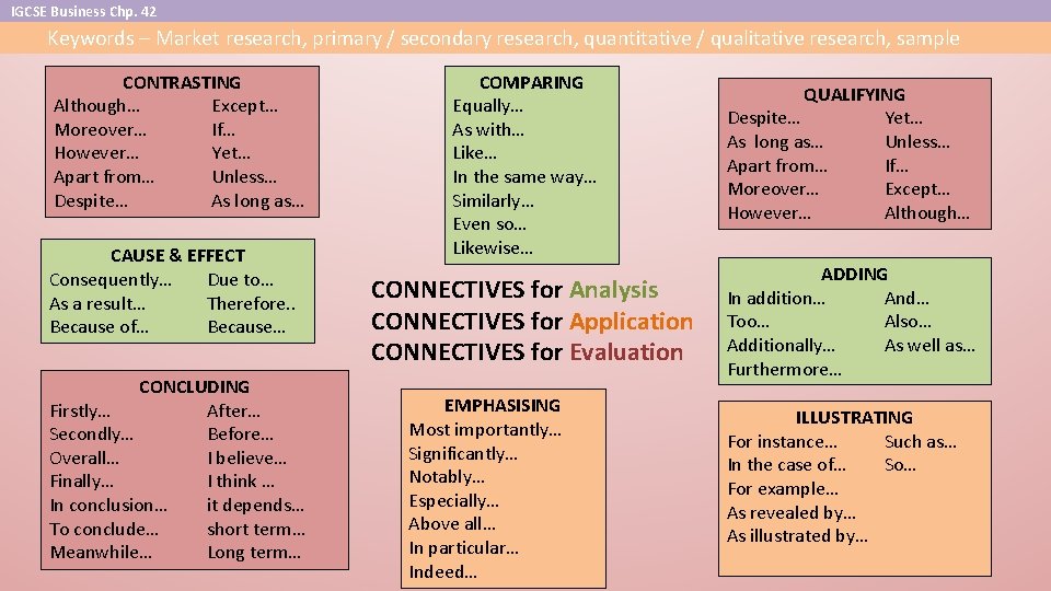 IGCSE Business Chp. 42 Keywords – Market research, primary / secondary research, quantitative /