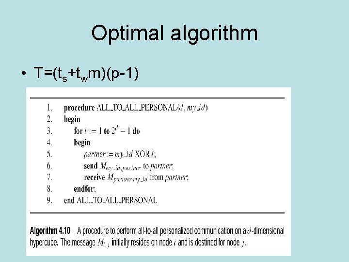 Optimal algorithm • T=(ts+twm)(p-1) Optimal algorithm • T=(ts+twm)(p-1)