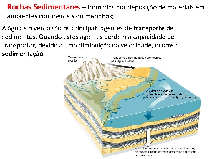 Rochas Sedimentares – formadas por deposição de materiais em ambientes continentais ou marinhos; A