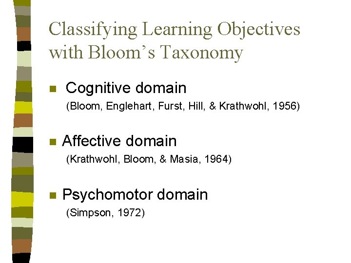 Classifying Learning Objectives with Bloom’s Taxonomy n Cognitive domain (Bloom, Englehart, Furst, Hill, &
