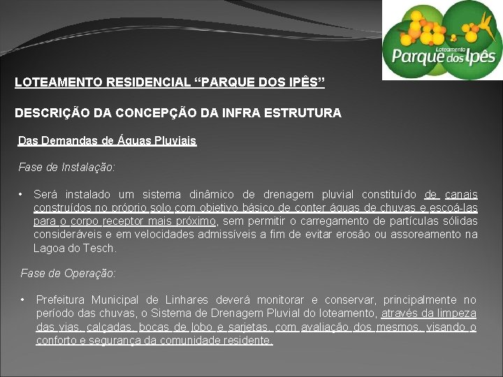 LOTEAMENTO RESIDENCIAL “PARQUE DOS IPÊS” DESCRIÇÃO DA CONCEPÇÃO DA INFRA ESTRUTURA Das Demandas de