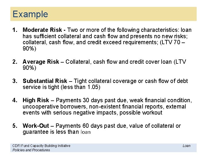 Example 1. Moderate Risk - Two or more of the following characteristics: loan has