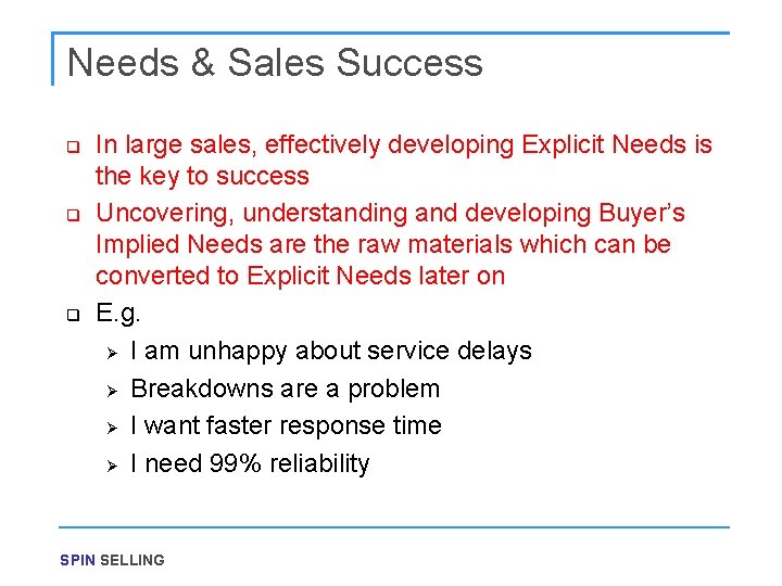 Needs & Sales Success q q q In large sales, effectively developing Explicit Needs