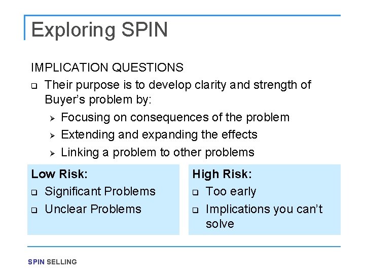 Exploring SPIN IMPLICATION QUESTIONS q Their purpose is to develop clarity and strength of
