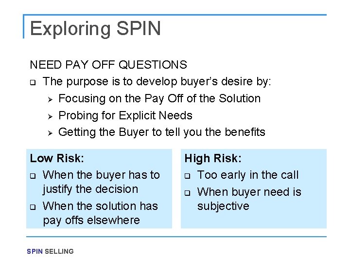 Exploring SPIN NEED PAY OFF QUESTIONS q The purpose is to develop buyer’s desire