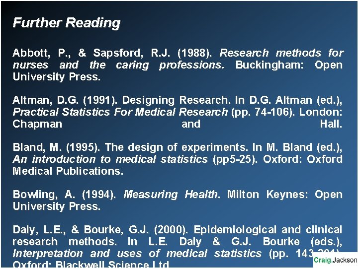 Further Reading Abbott, P. , & Sapsford, R. J. (1988). Research methods for nurses