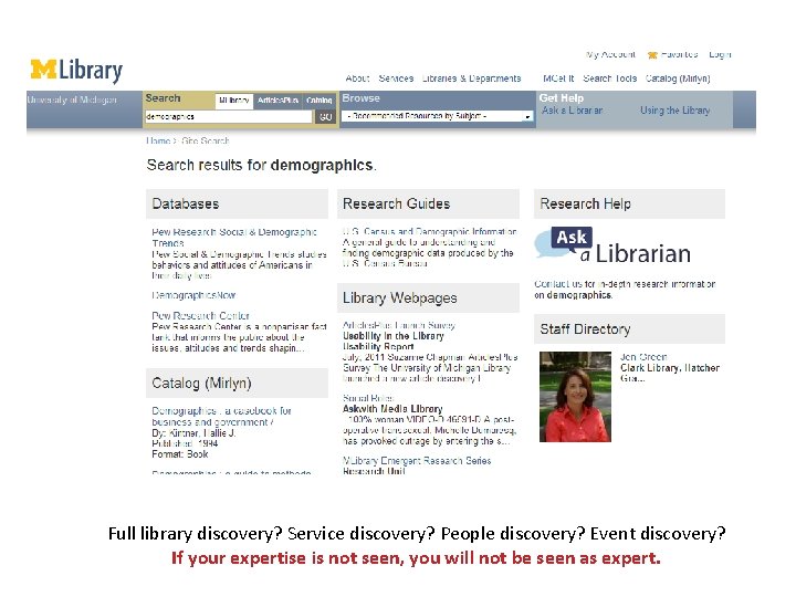 Full library discovery? Service discovery? People discovery? Event discovery? If your expertise is not