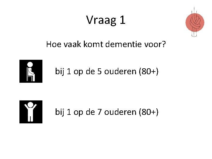 Vraag 1 Hoe vaak komt dementie voor? bij 1 op de 5 ouderen (80+)