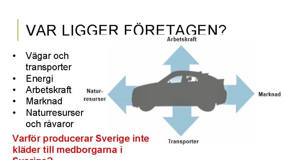 VAR LIGGER FÖRETAGEN? • • • Vägar och transporter Energi Arbetskraft Marknad Naturresurser och