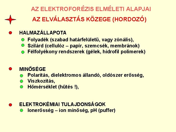  AZ ELEKTROFORÉZIS ELMÉLETI ALAPJAI AZ ELVÁLASZTÁS KÖZEGE (HORDOZÓ) HALMAZÁLLAPOTA Folyadék (szabad határfelületű, vagy