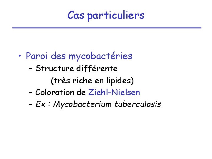 Cas particuliers • Paroi des mycobactéries – Structure différente (très riche en lipides) –