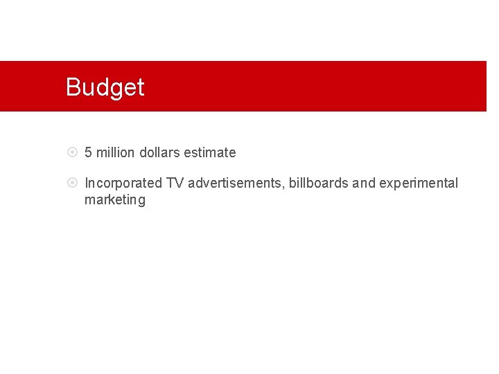 Budget 5 million dollars estimate Incorporated TV advertisements, billboards and experimental marketing 