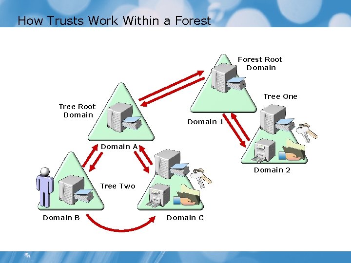 How Trusts Work Within a Forest Root Domain Tree One Tree Root Domain 1