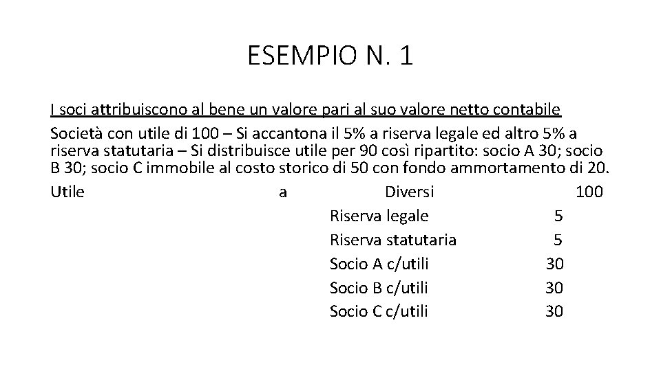 ESEMPIO N. 1 I soci attribuiscono al bene un valore pari al suo valore