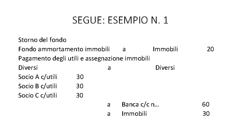 SEGUE: ESEMPIO N. 1 Storno del fondo Fondo ammortamento immobili a Immobili Pagamento degli