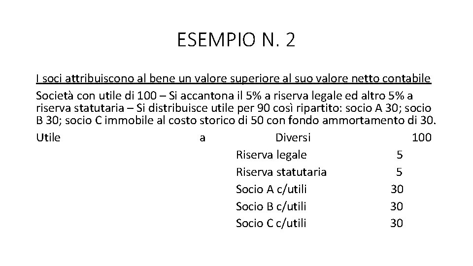 ESEMPIO N. 2 I soci attribuiscono al bene un valore superiore al suo valore