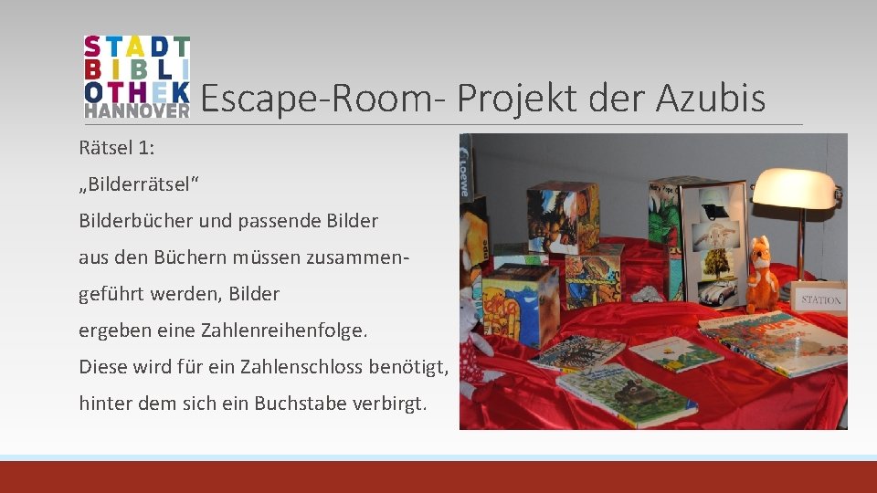 Escape-Room- Projekt der Azubis Rätsel 1: „Bilderrätsel“ Bilderbücher und passende Bilder aus den Büchern