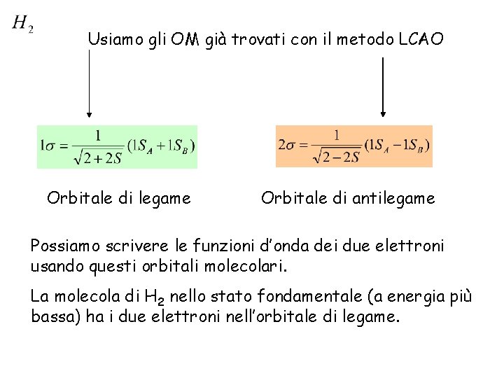 Usiamo gli OM già trovati con il metodo LCAO Orbitale di legame Orbitale di