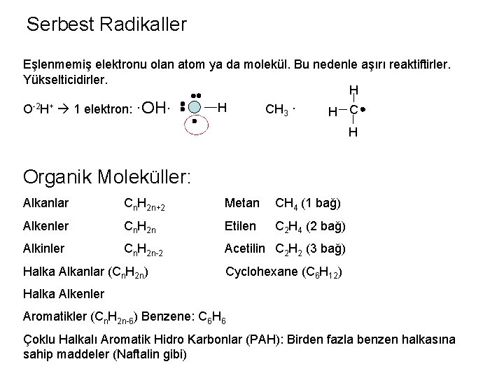 Serbest Radikaller Eşlenmemiş elektronu olan atom ya da molekül. Bu nedenle aşırı reaktiftirler. Yükselticidirler.