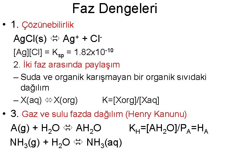 Faz Dengeleri • 1. Çözünebilirlik Ag. Cl(s) Ag+ + Cl[Ag][Cl] = Ksp = 1.