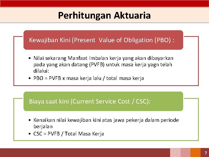 Perhitungan Aktuaria Kewajiban Kini (Present Value of Obligation (PBO) : • Nilai sekarang Manfaat