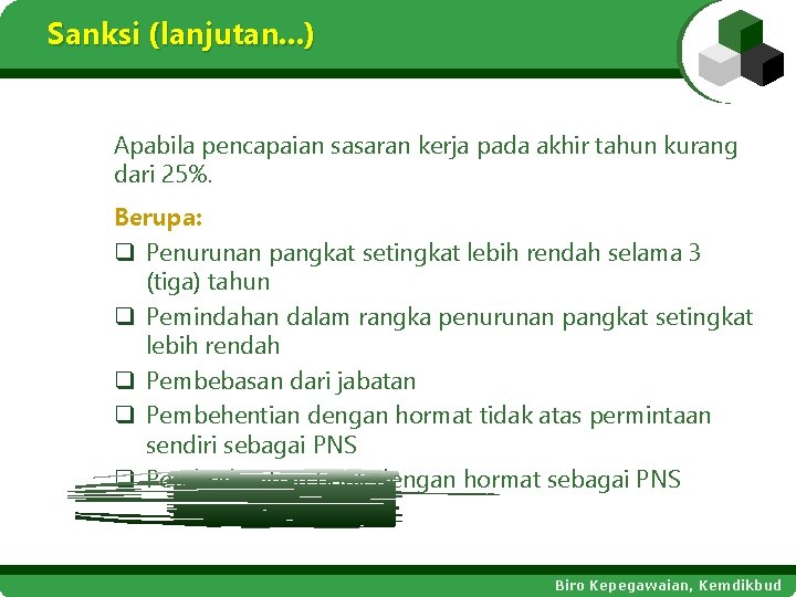 Sanksi (lanjutan. . . ) Apabila pencapaian sasaran kerja pada akhir tahun kurang dari