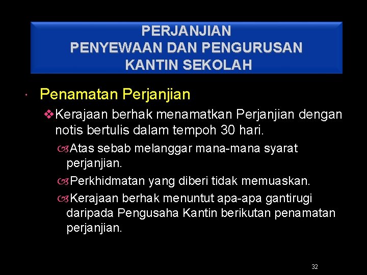 PERJANJIAN PENYEWAAN DAN PENGURUSAN KANTIN SEKOLAH Penamatan Perjanjian v. Kerajaan berhak menamatkan Perjanjian dengan