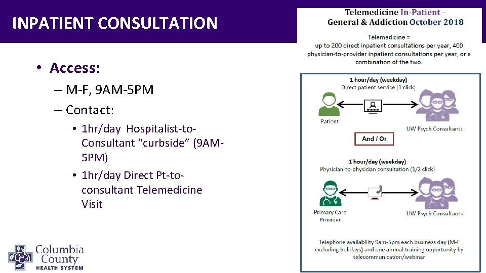 INPATIENT CONSULTATION • Access: – M-F, 9 AM-5 PM – Contact: • 1 hr/day