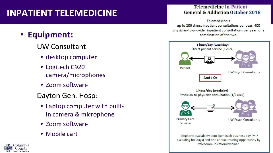 INPATIENT TELEMEDICINE • Equipment: – UW Consultant: • desktop computer • Logitech C 920