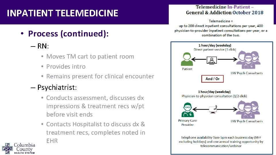 INPATIENT TELEMEDICINE • Process (continued): – RN: • Moves TM cart to patient room