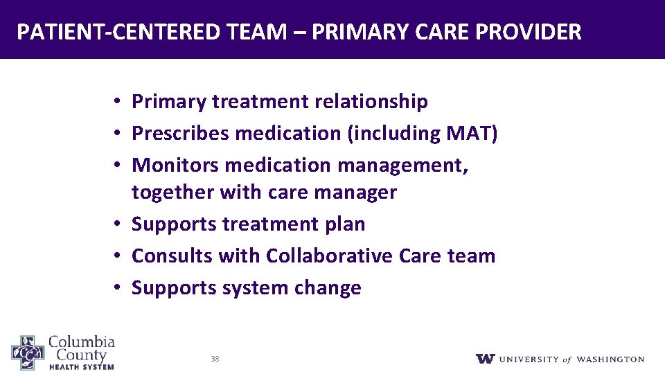 PATIENT‐CENTERED TEAM – PRIMARY CARE PROVIDER • Primary treatment relationship • Prescribes medication (including