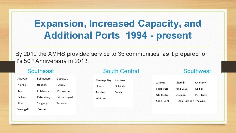 Expansion, Increased Capacity, and Additional Ports 1994 - present By 2012 the AMHS provided