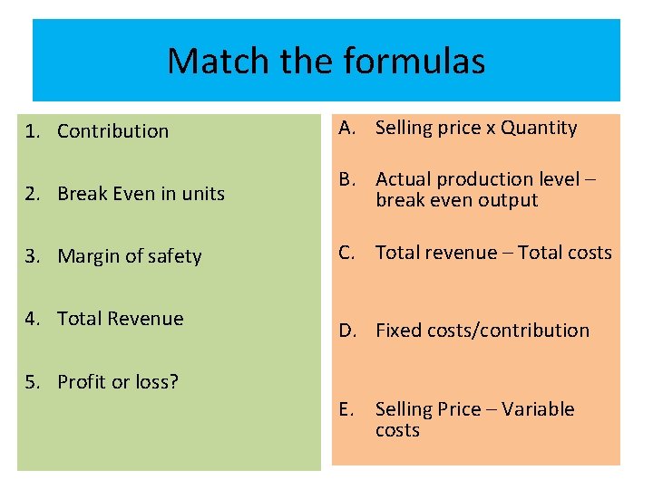 Match the formulas 1. Contribution A. Selling price x Quantity 2. Break Even in Match the formulas 1. Contribution A. Selling price x Quantity 2. Break Even in